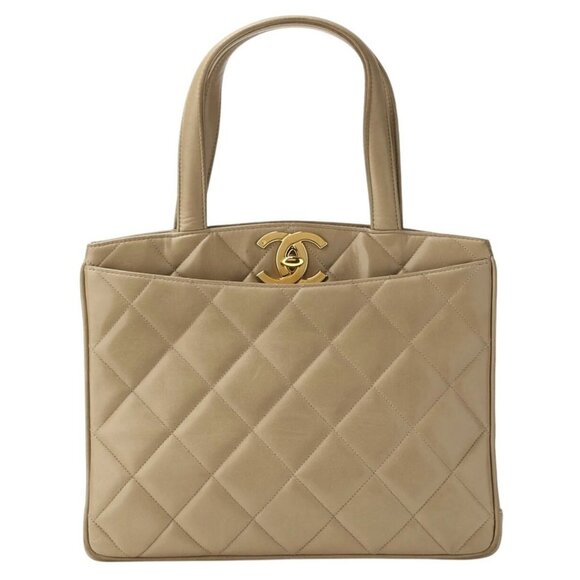 Authentic CHANEL CC Vintage Matelasse Turnlock Shoulder Bag Leather Beige Chain - Picture 1 of 12